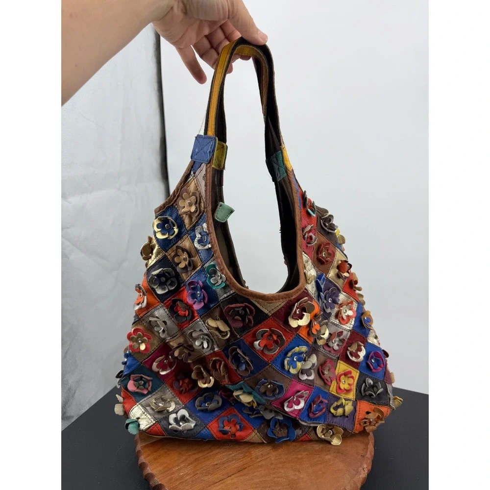 Unbranded Patchwork Floral Leather Hobo Bag Womens Medium Multi Color 3D Flower